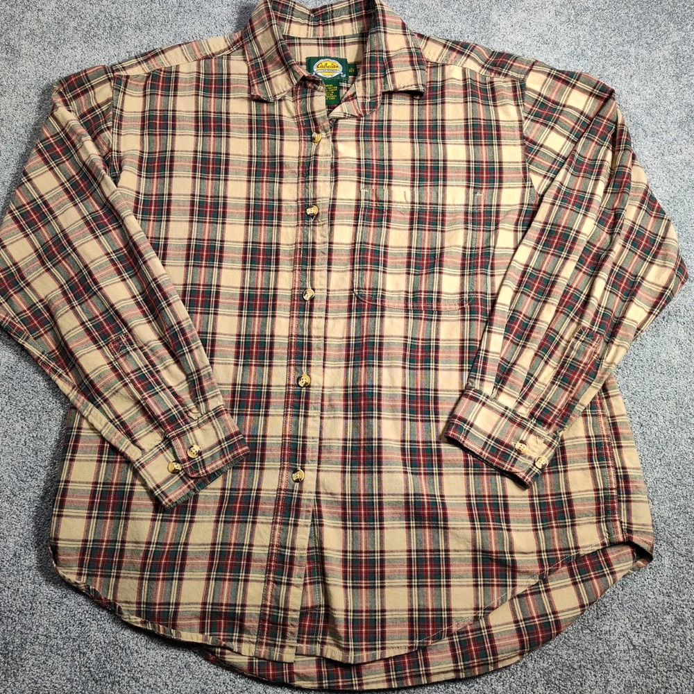 Cabela's Women's Plaid Flannel Shirt Sz L Beige Red Green Button Up Long Sleeve
